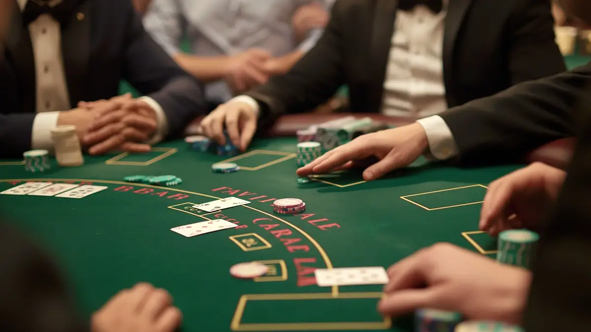 A group of people playing blackjack at a table in a casino. The image captures the players' hands, chips, and cards, emphasizing the social and engaging nature of the game.