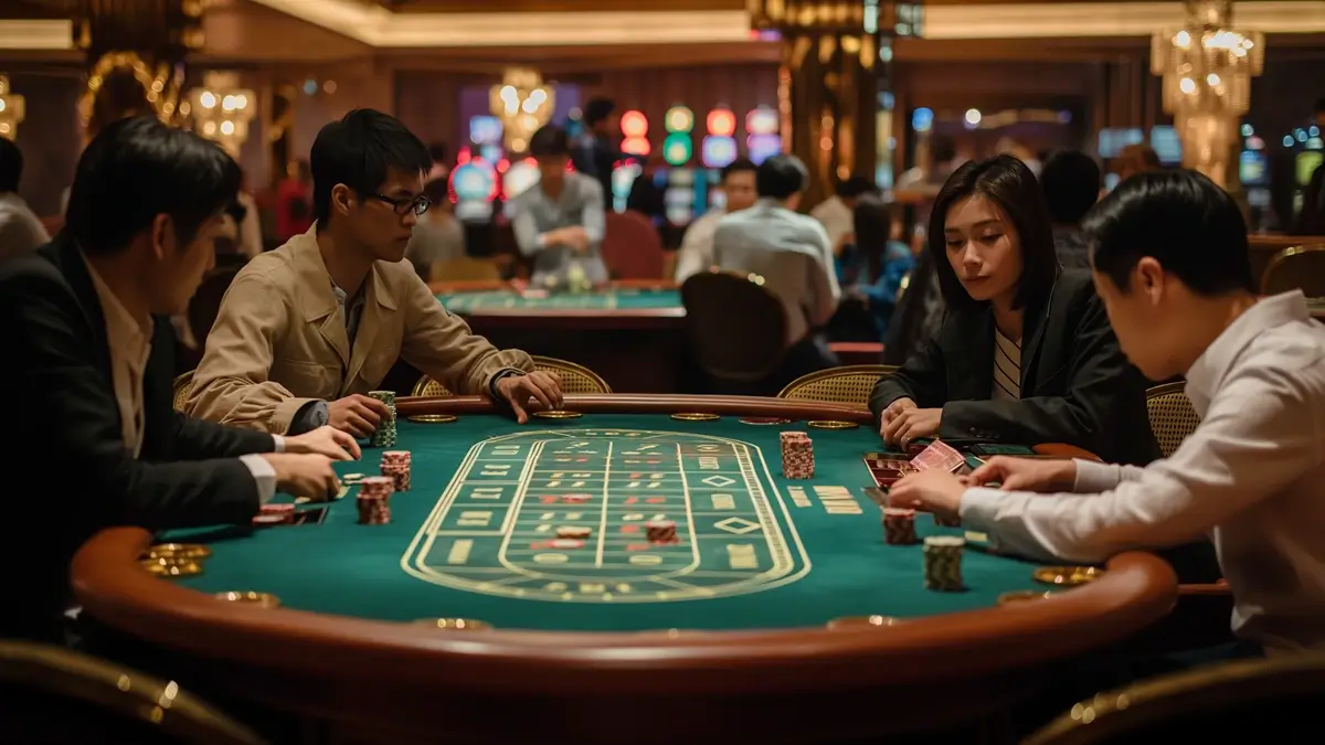 A group of people playing baccarat at a green-felted casino table, with stacks of chips and cards in front of them. The background shows a lively casino environment with other players and gaming machines illuminated by warm lighting.