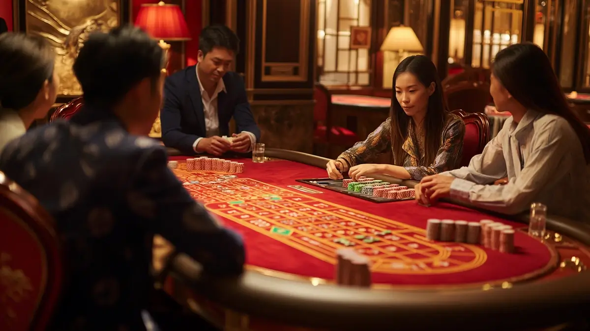 A group of players engaged in a game of baccarat at a red-felted casino table, surrounded by luxurious decor. One of the players is dealing cards, and there are stacks of chips on the table. The background features elegant lamps and ornate details, adding to the opulent atmosphere.