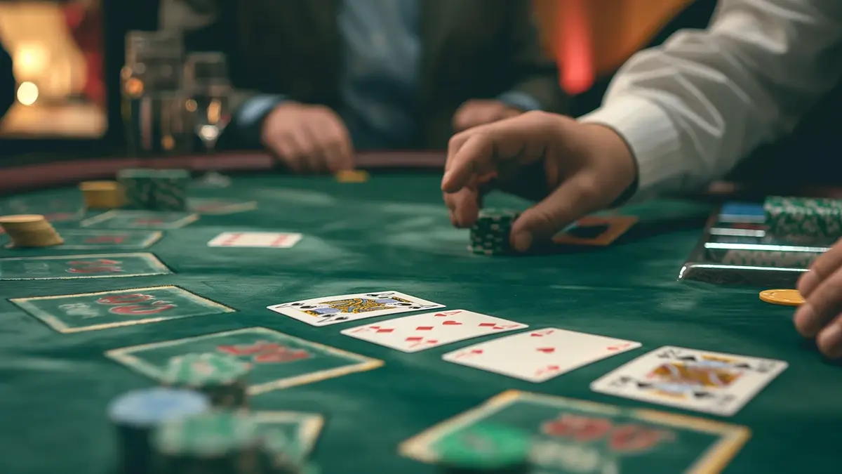 A close-up view of a blackjack table with players in action. The image captures a dealer's hand dealing cards to players. The table is green, and various chips and cards are spread across the table, indicating an ongoing game.