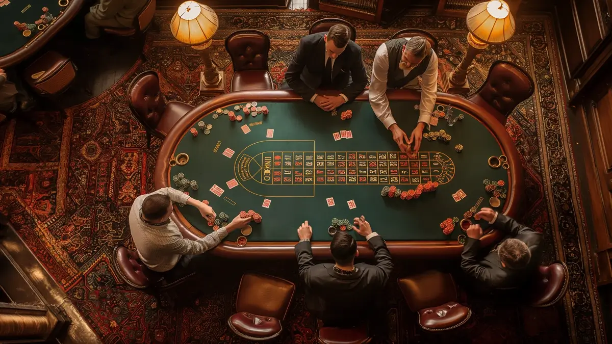 An overhead shot of a busy casino table. Several players and a dealer are engaged in a game, possibly roulette or blackjack. The setting is elegant, with luxurious furnishings and lighting, creating a sophisticated and lively atmosphere.