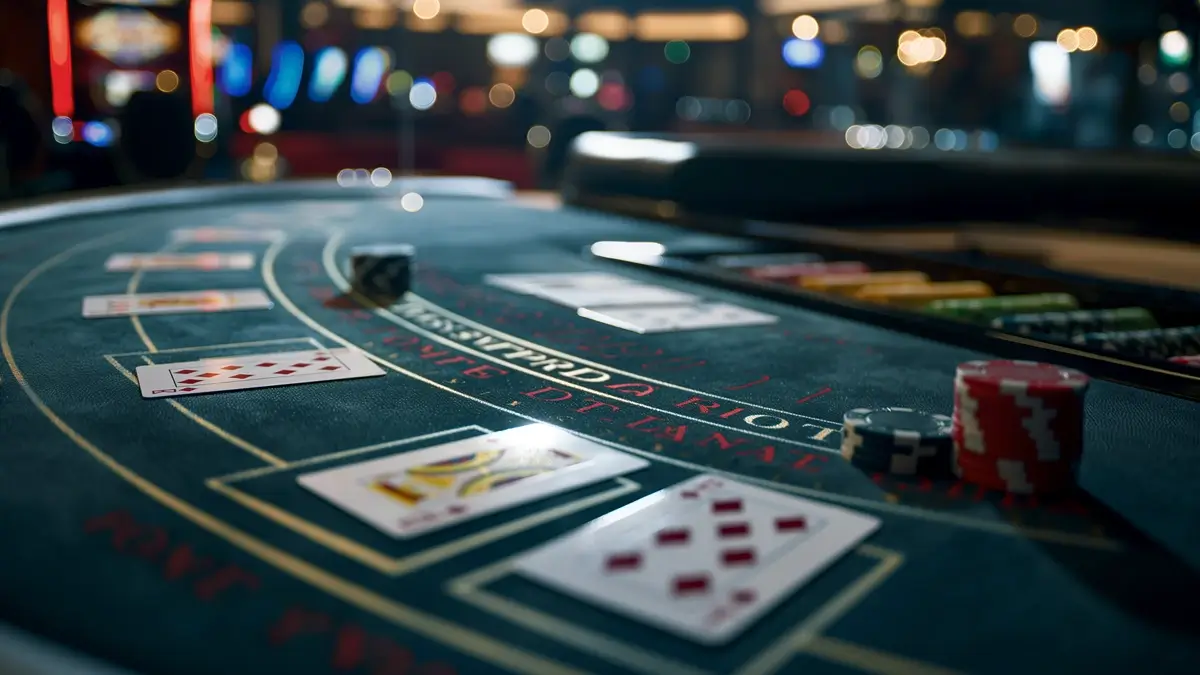 A blackjack table in a casino with cards and chips placed on it. The background is slightly blurred, highlighting the vibrant atmosphere of the casino with lights and slot machines