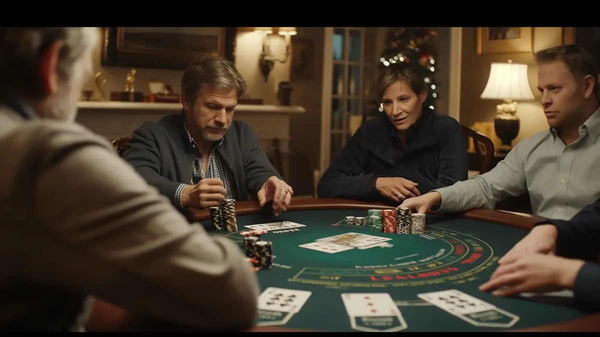 Three people, two men and one woman, playing blackjack at a table in a warmly lit room. The players are focused on their cards and chips, suggesting a casual and engaging atmosphere.