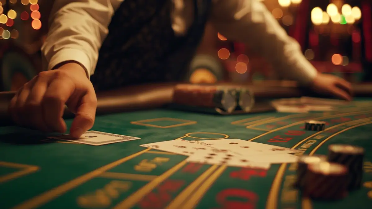 A close-up of a blackjack table in a casino with the dealer's hand visible, dealing a card. The table is adorned with chips and cards, with a festive, blurred background of lights.