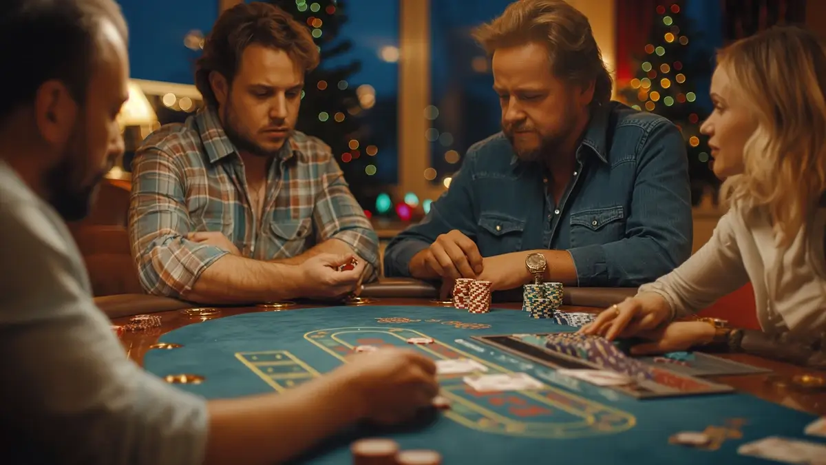 A group of four people seated around a blackjack table in a cozy room, engaged in a friendly game. The dealer, a middle-aged man, is handling the cards while the players, including a woman and two men, are focused on their hands.