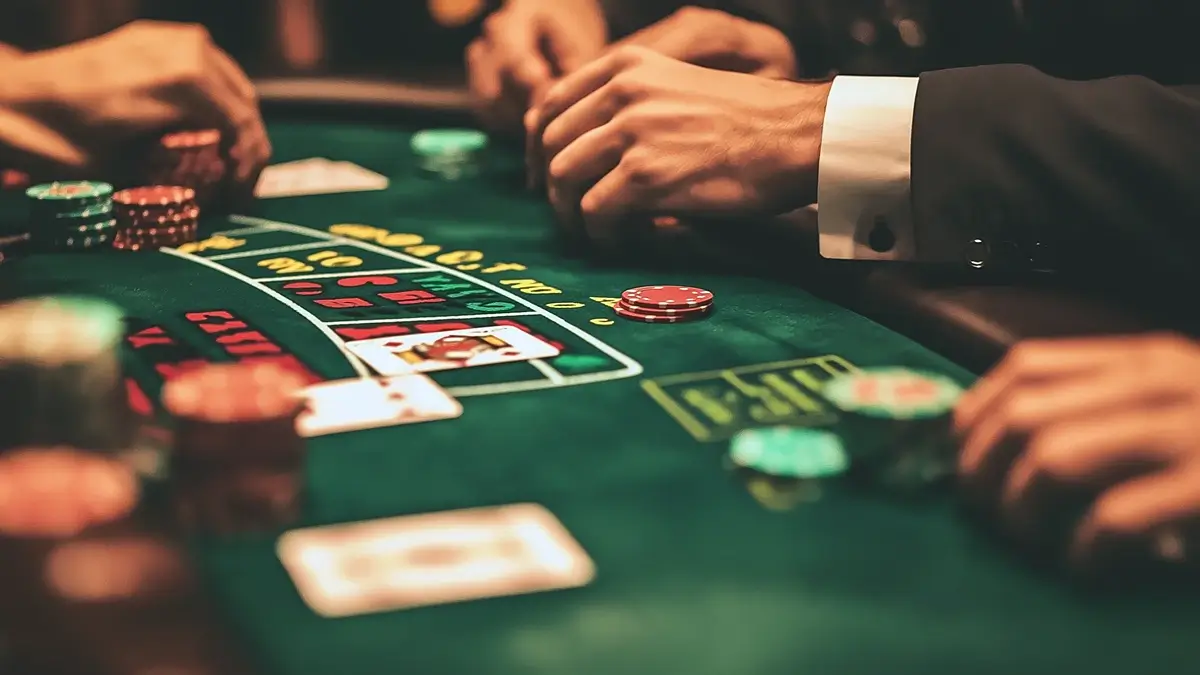 Players at a blackjack table in a casino, engaged in a game with chips and cards on a green felt surface. The focus is on the hands of the players as they make their decisions
