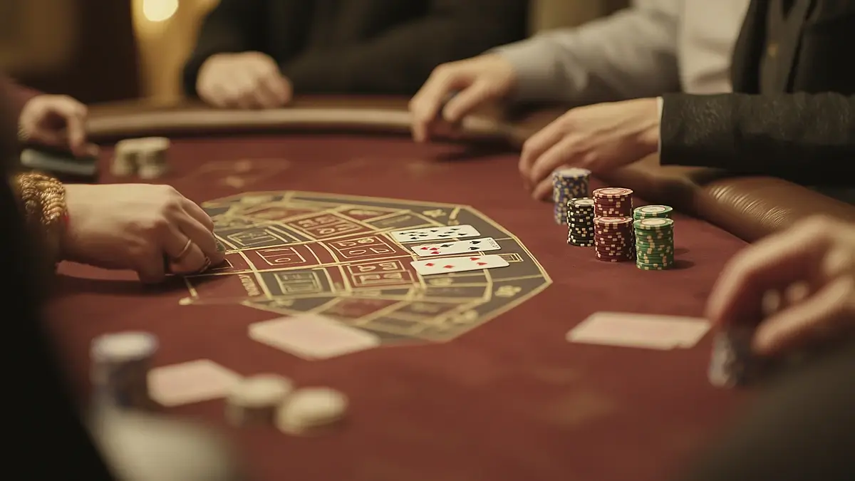 A close-up of players at a casino table, with chips and cards on a red felt surface. The players are focused on the game, with a blackjack hand visible in the center of the table.