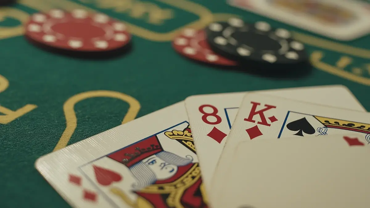 A close-up view of a blackjack table featuring a hand with playing cards, including an 8 of diamonds and a King of diamonds, along with some poker chips in the background.
