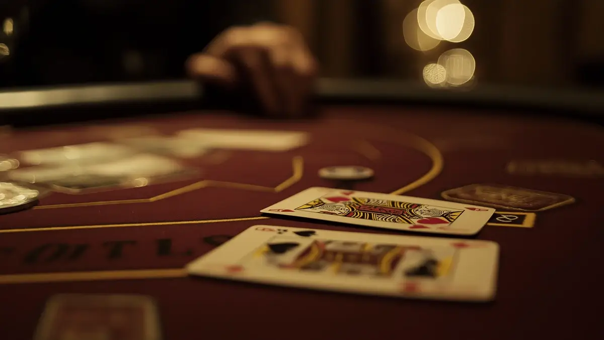 A blackjack game in progress with two playing cards, a Queen of hearts and a 7 of spades, laid out on a red felt table with blurred background lighting.